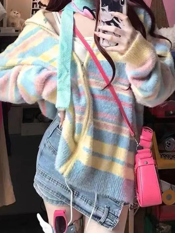 Colorful Stripe Splice Lapel Neck Cardigan