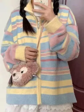 Colorful Stripe Splice Lapel Neck Cardigan