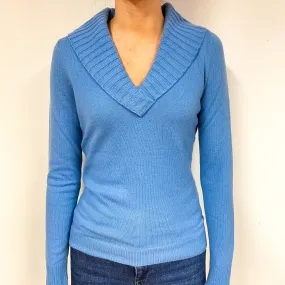 Cornflower Blue Cashmere V-Neck Jumper Extra Small
