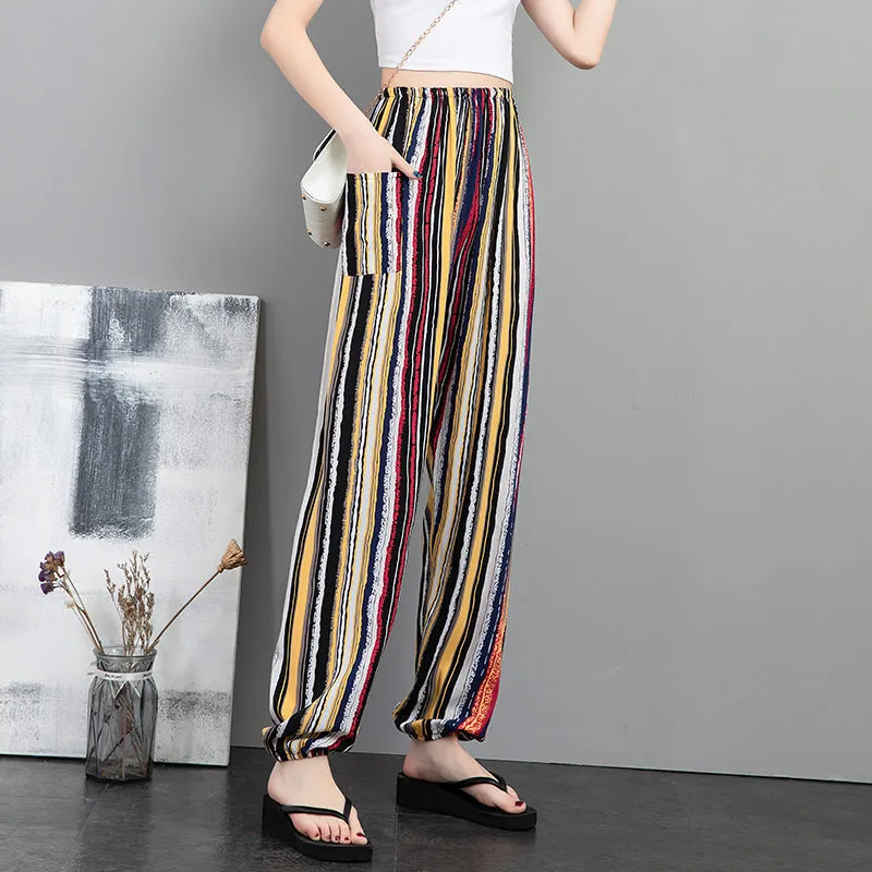Cotton Anti Mosquito Pants Lantern High Waist Slim Look Loose Casual Harem Cultural Style Plus Size Printed Women Summer Pants