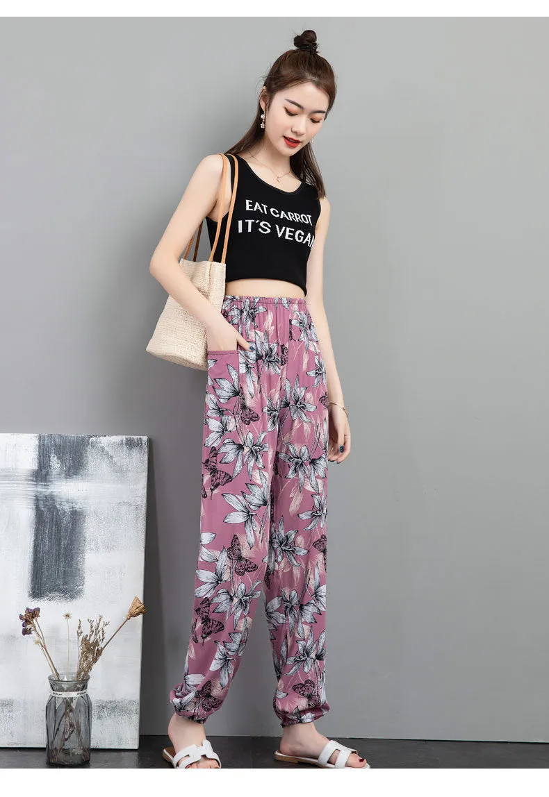 Cotton Anti Mosquito Pants Lantern High Waist Slim Look Loose Casual Harem Cultural Style Plus Size Printed Women Summer Pants