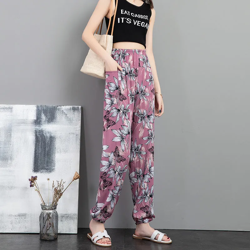 Cotton Anti Mosquito Pants Lantern High Waist Slim Look Loose Casual Harem Cultural Style Plus Size Printed Women Summer Pants