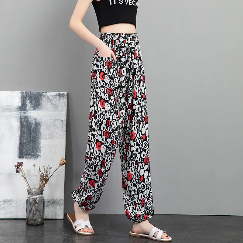 Cotton Anti Mosquito Pants Lantern High Waist Slim Look Loose Casual Harem Cultural Style Plus Size Printed Women Summer Pants