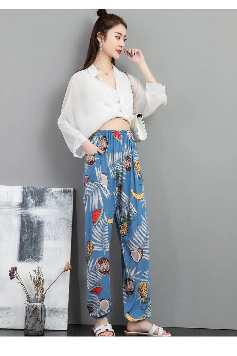 Cotton Anti Mosquito Pants Lantern High Waist Slim Look Loose Casual Harem Cultural Style Plus Size Printed Women Summer Pants