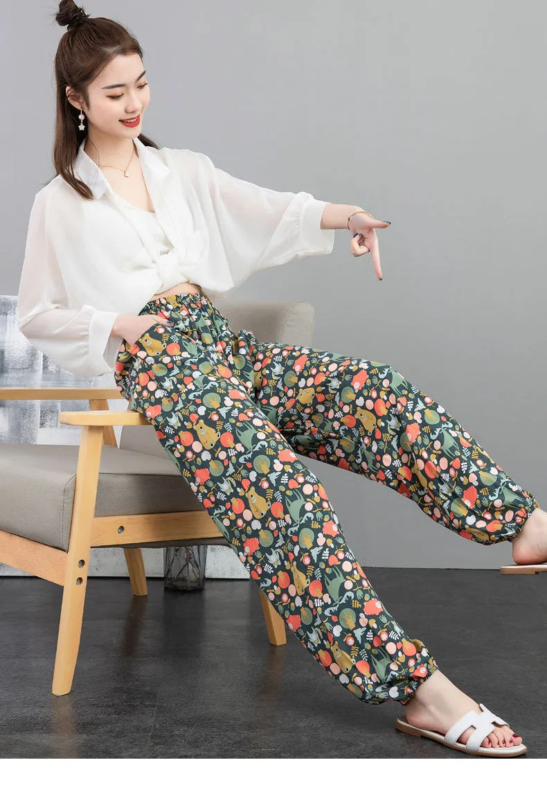 Cotton Anti Mosquito Pants Lantern High Waist Slim Look Loose Casual Harem Cultural Style Plus Size Printed Women Summer Pants