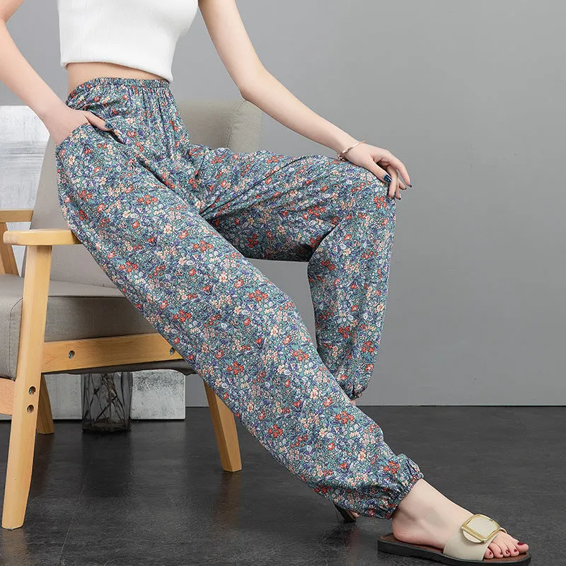 Cotton Anti Mosquito Pants Lantern High Waist Slim Look Loose Casual Harem Cultural Style Plus Size Printed Women Summer Pants