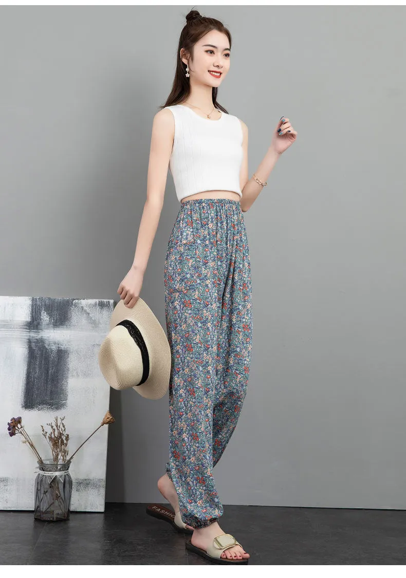 Cotton Anti Mosquito Pants Lantern High Waist Slim Look Loose Casual Harem Cultural Style Plus Size Printed Women Summer Pants