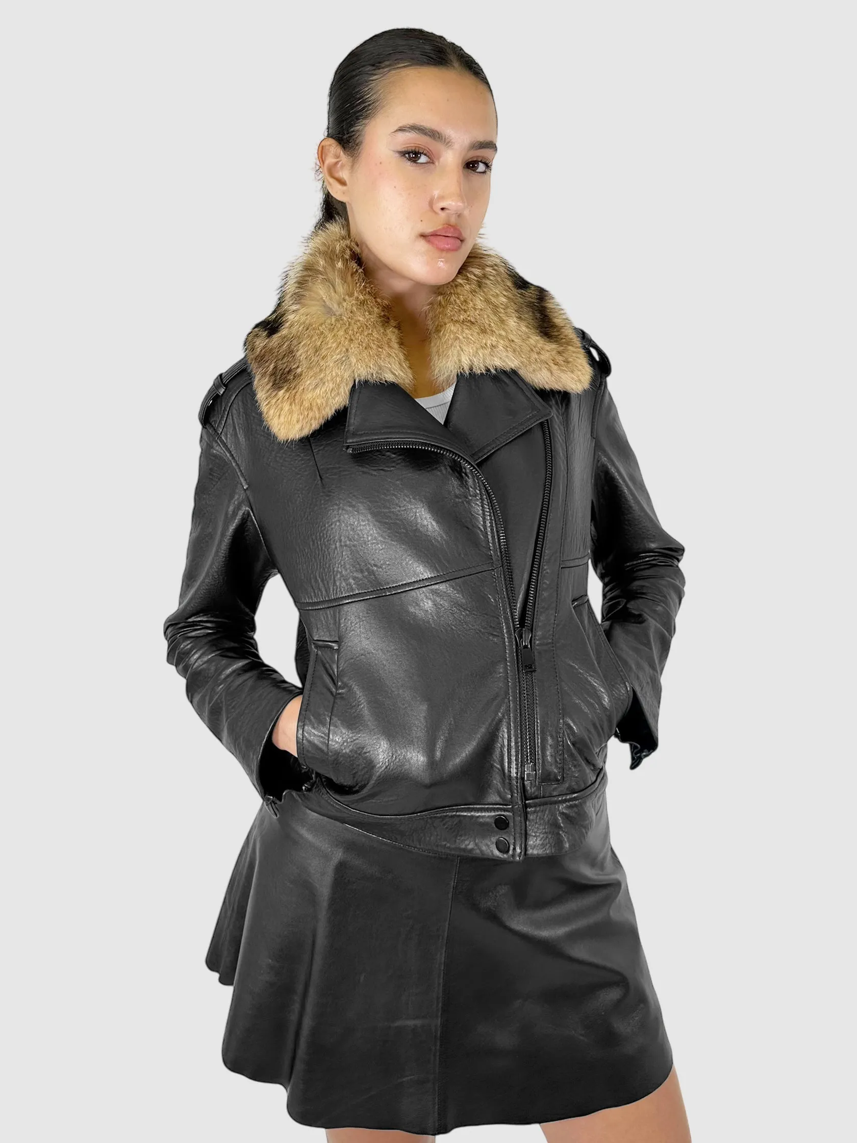 Coyote Fur Collar Leather Moto Jacket - Size XS