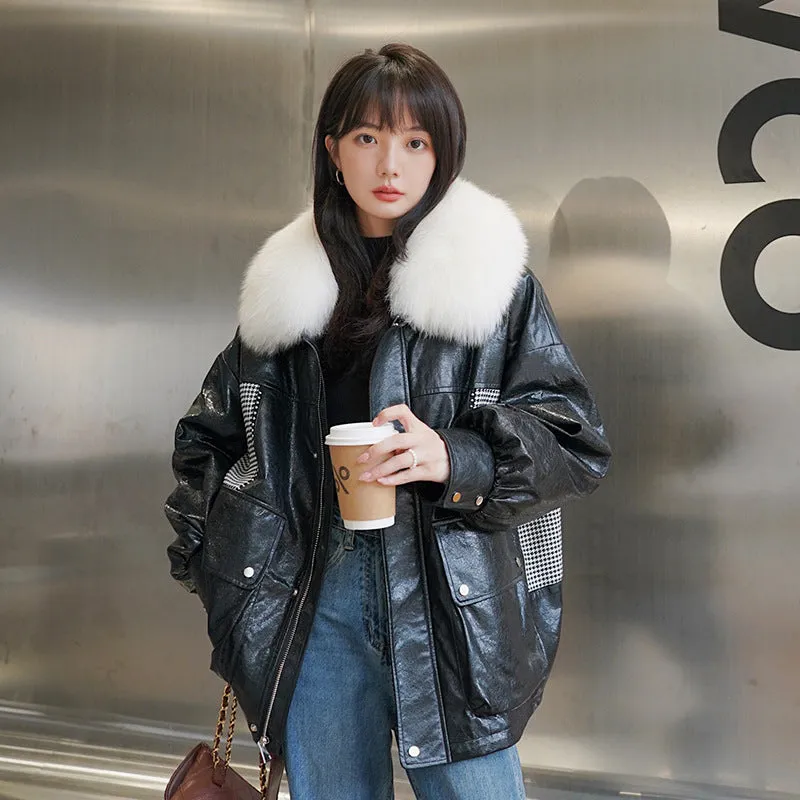 Cute Leather Jacket Parka Cotton-Padded Coat Women's Winter Small Rabbit Fur Liner Fleece Plaid Patchwork Cotton-Padded Jacket Coat