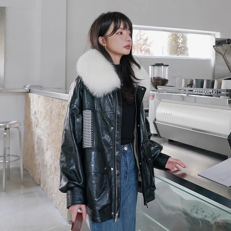 Cute Leather Jacket Parka Cotton-Padded Coat Women's Winter Small Rabbit Fur Liner Fleece Plaid Patchwork Cotton-Padded Jacket Coat