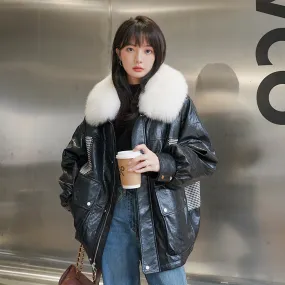 Cute Leather Jacket Parka Cotton-Padded Coat Women's Winter Small Rabbit Fur Liner Fleece Plaid Patchwork Cotton-Padded Jacket Coat