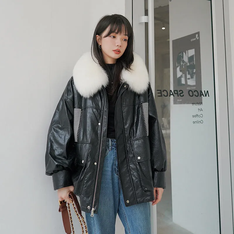 Cute Leather Jacket Parka Cotton-Padded Coat Women's Winter Small Rabbit Fur Liner Fleece Plaid Patchwork Cotton-Padded Jacket Coat