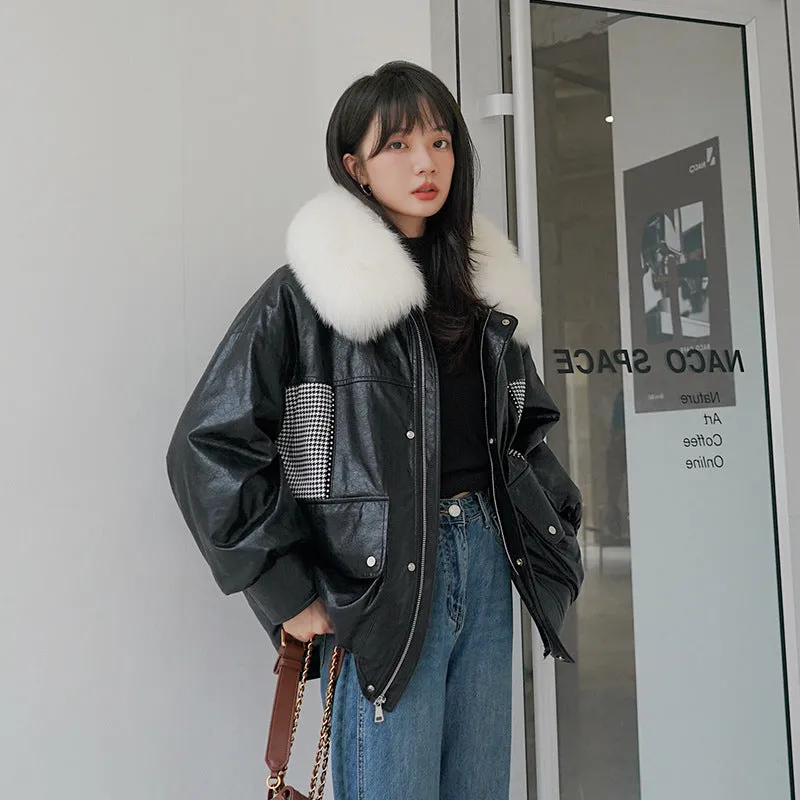 Cute Leather Jacket Parka Cotton-Padded Coat Women's Winter Small Rabbit Fur Liner Fleece Plaid Patchwork Cotton-Padded Jacket Coat