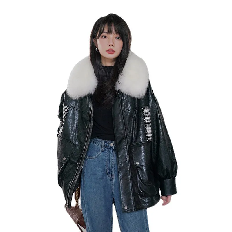 Cute Leather Jacket Parka Cotton-Padded Coat Women's Winter Small Rabbit Fur Liner Fleece Plaid Patchwork Cotton-Padded Jacket Coat