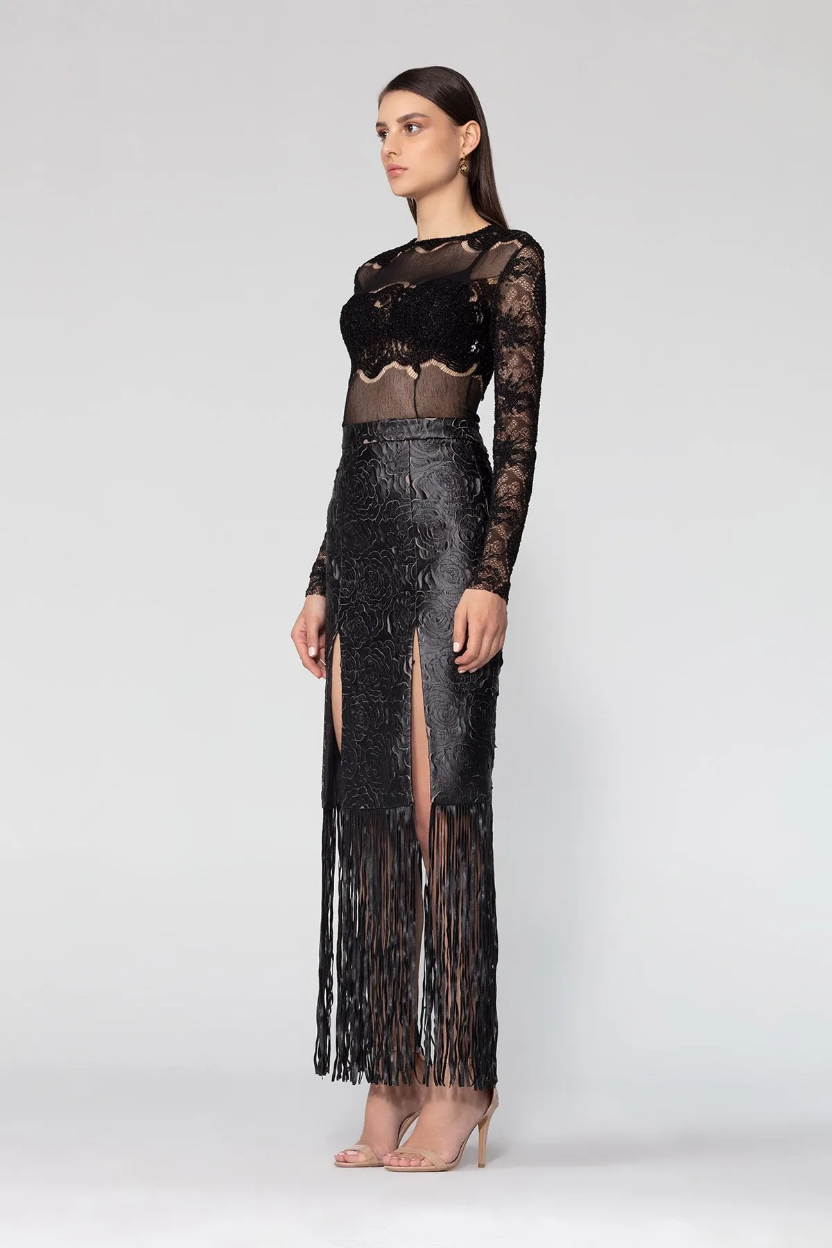 Deep Slit Leather Pencil Skirt