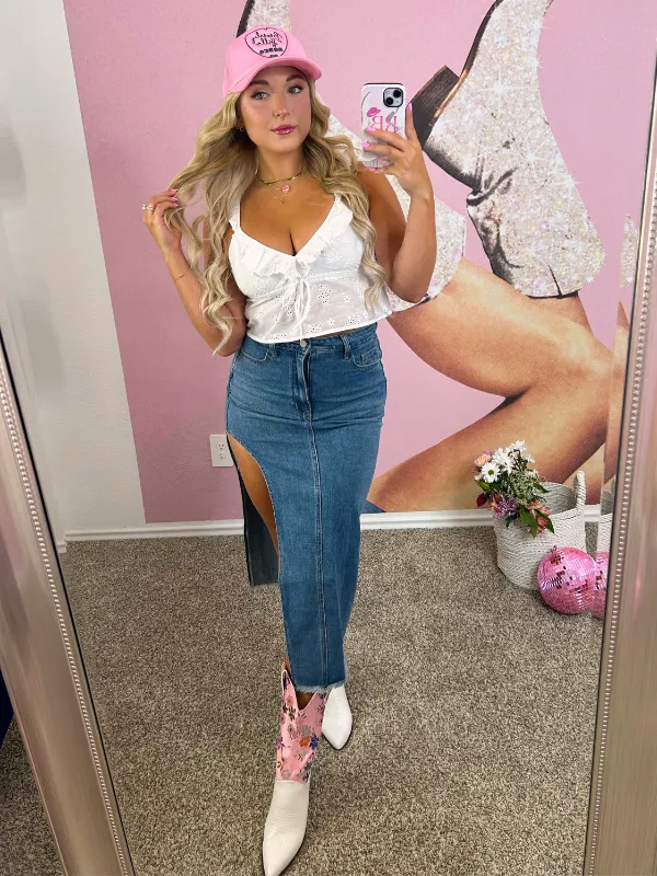 Denim Daydream Side Cut Out Side Midi Skirt, Medium Denium