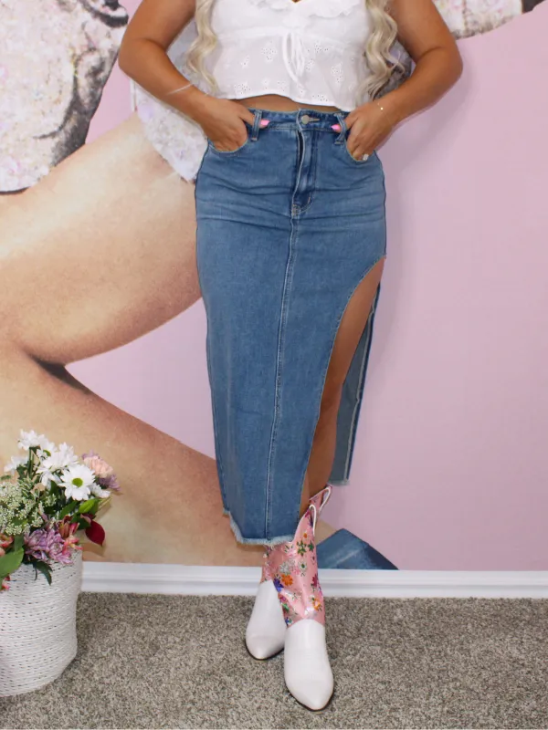 Denim Daydream Side Cut Out Side Midi Skirt, Medium Denium