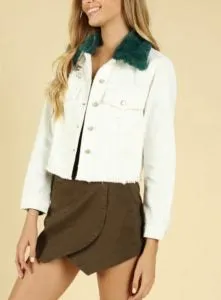 Distressed Denim Jean Jacket Faux Fur Contrast Collar