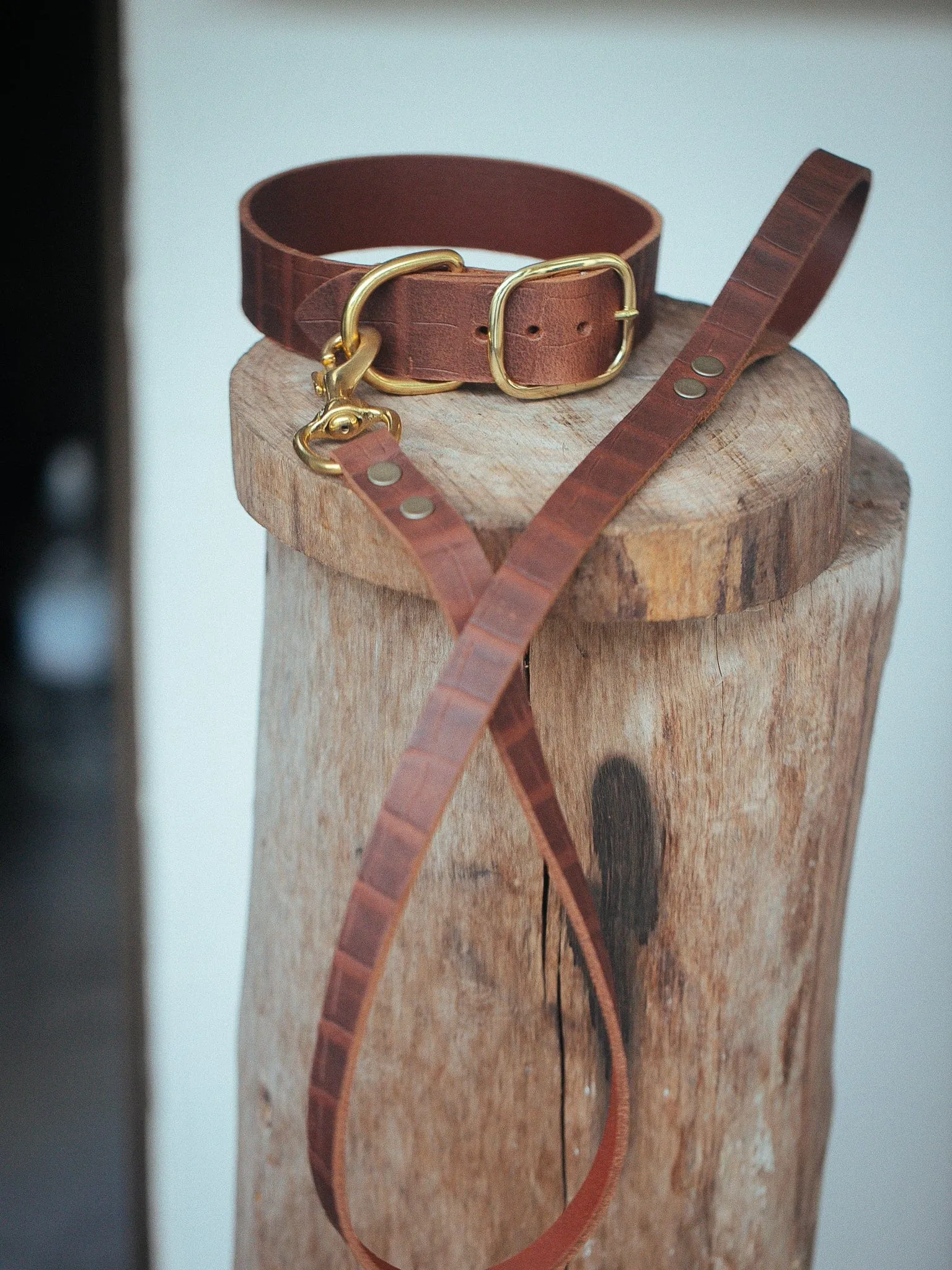 Dog Collar & Leash Set - 38mm Wide - Croc Print - Vintage Brown