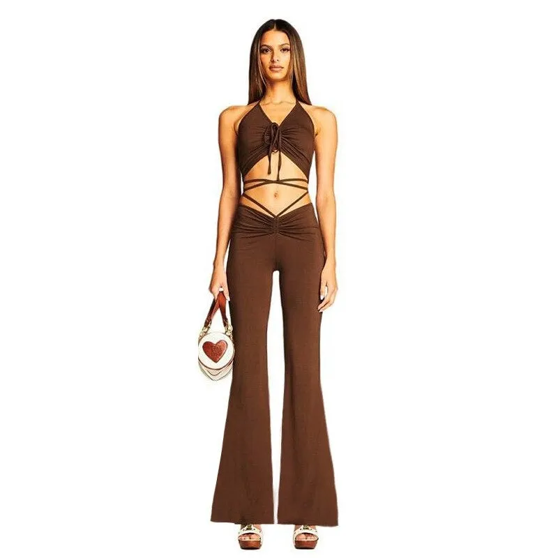 Drawstring Halter Top and High Waist Flare Pants