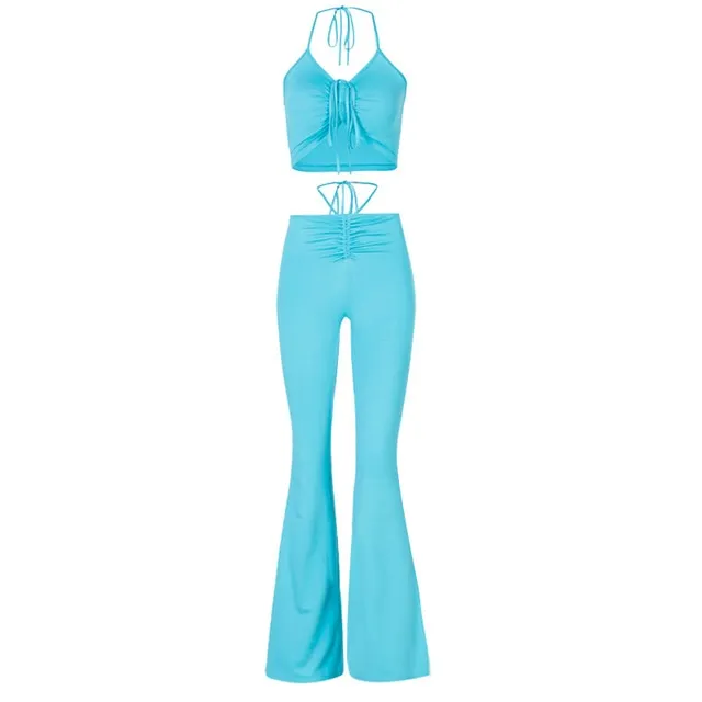 Drawstring Halter Top and High Waist Flare Pants