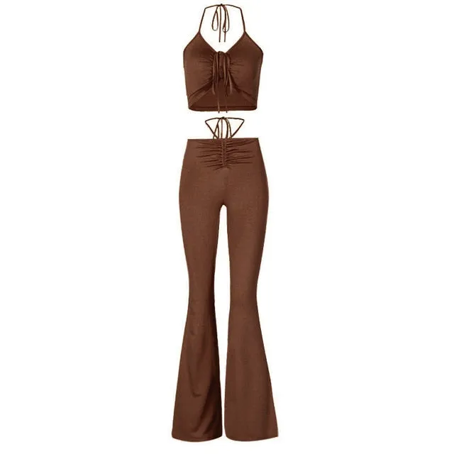 Drawstring Halter Top and High Waist Flare Pants