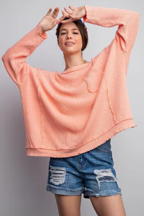 Easel Pomelo Long Sleeve Ribbed Mineral Washed Top