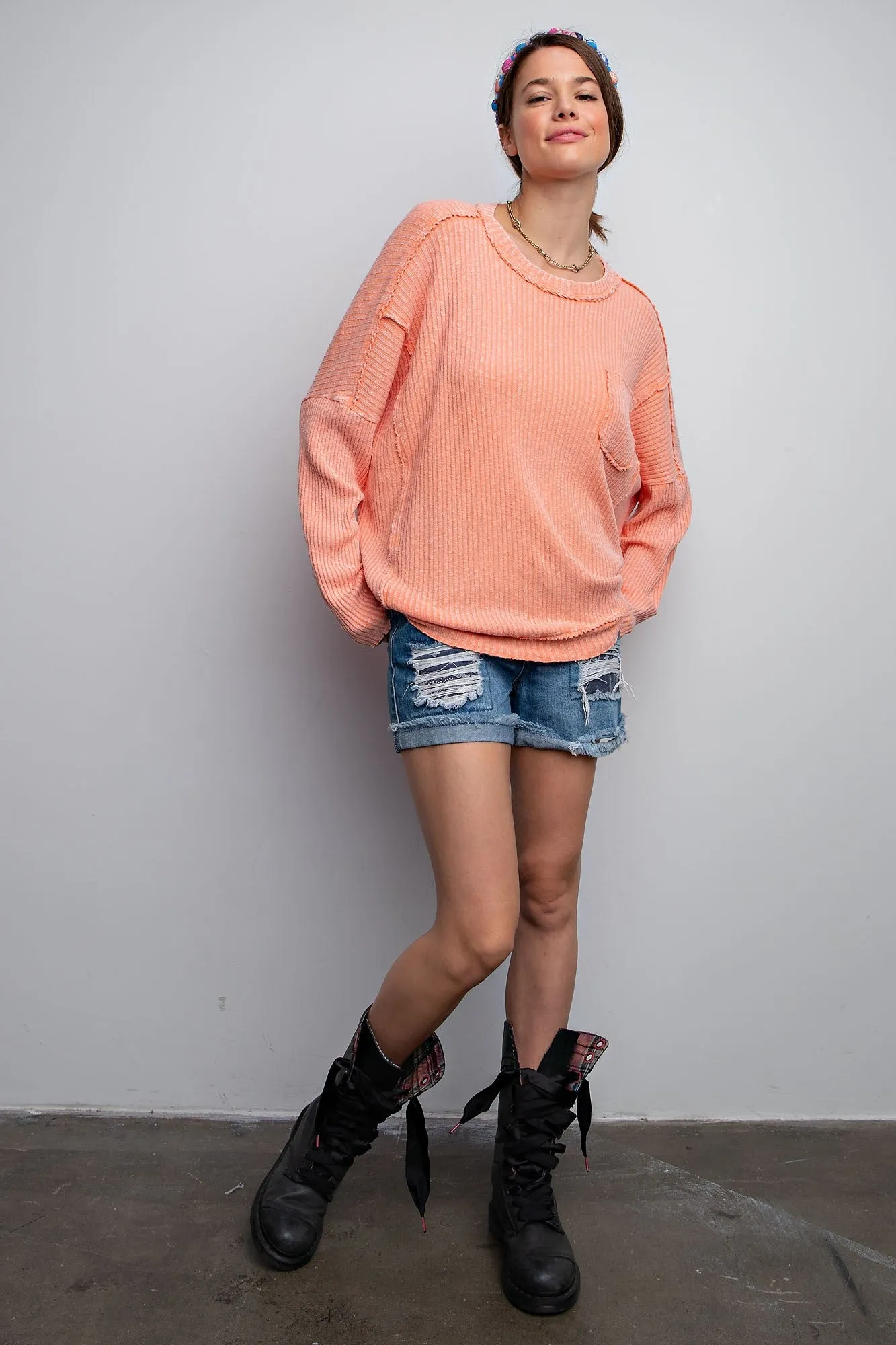 Easel Pomelo Long Sleeve Ribbed Mineral Washed Top