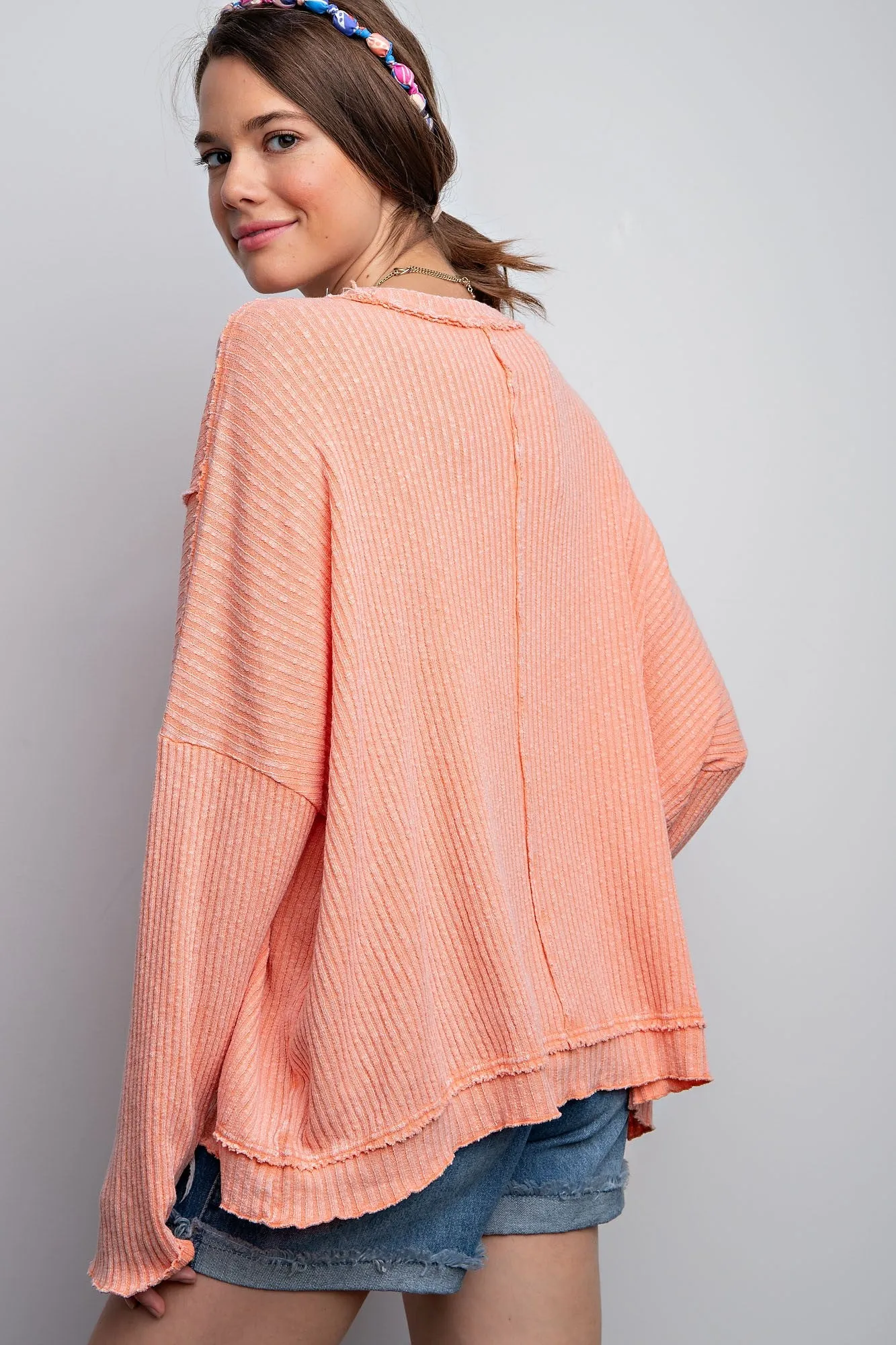 Easel Pomelo Long Sleeve Ribbed Mineral Washed Top