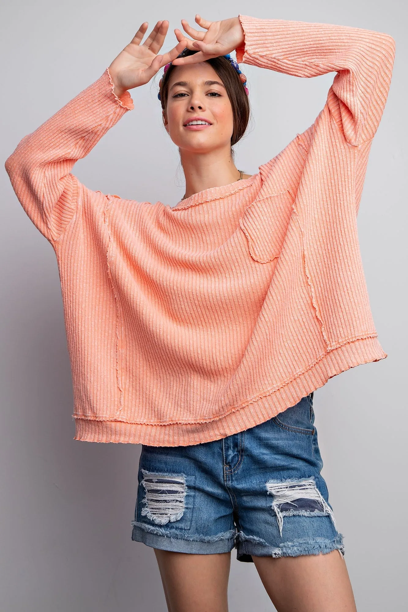 Easel Pomelo Long Sleeve Ribbed Mineral Washed Top