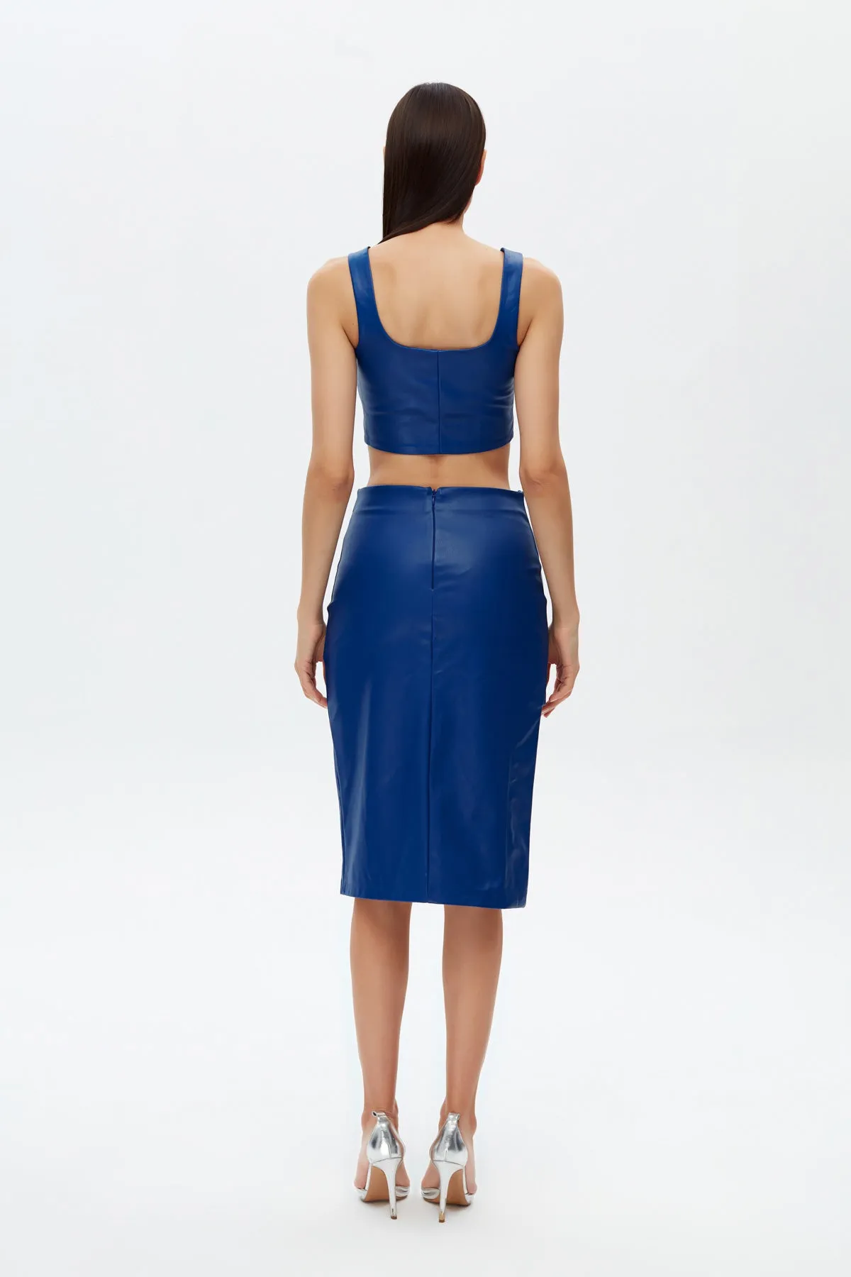 Egyptian blue slit detailed vegan leather skirt