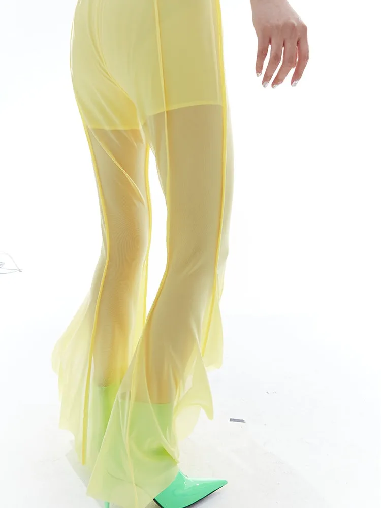 Elastic High Waist Mesh Irregular Thin Trousers