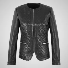 EMBERLY Women Collarless Leather Jacket Quilted Body