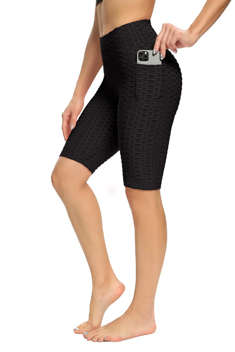 Europe High Waist Breathable Hip-Flattering Quick Dry Sporty Fitness Yoga Leggings Slim Look Fitting Bubble Pants Mid-Length Women Activewear