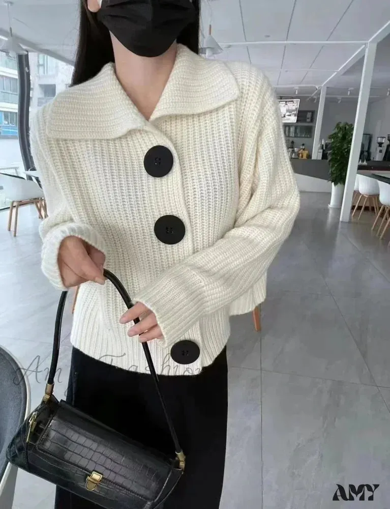 European Cashmere POLO Collar Long Sleeve Loose Wool Knit Sweater