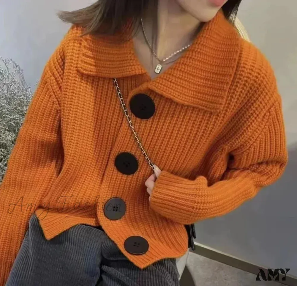 European Cashmere POLO Collar Long Sleeve Loose Wool Knit Sweater