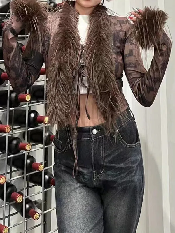 Faux Fur Collar Abstract Print Cardigan