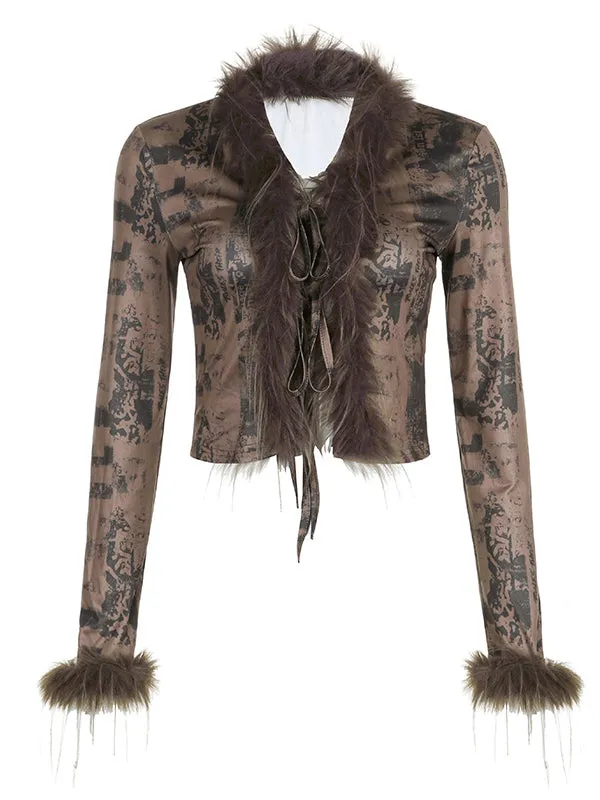 Faux Fur Collar Abstract Print Cardigan