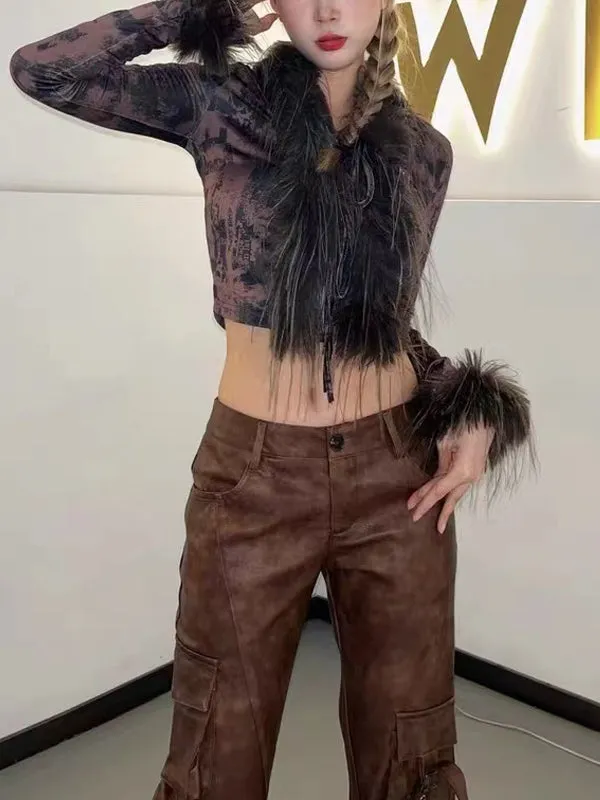 Faux Fur Collar Abstract Print Cardigan