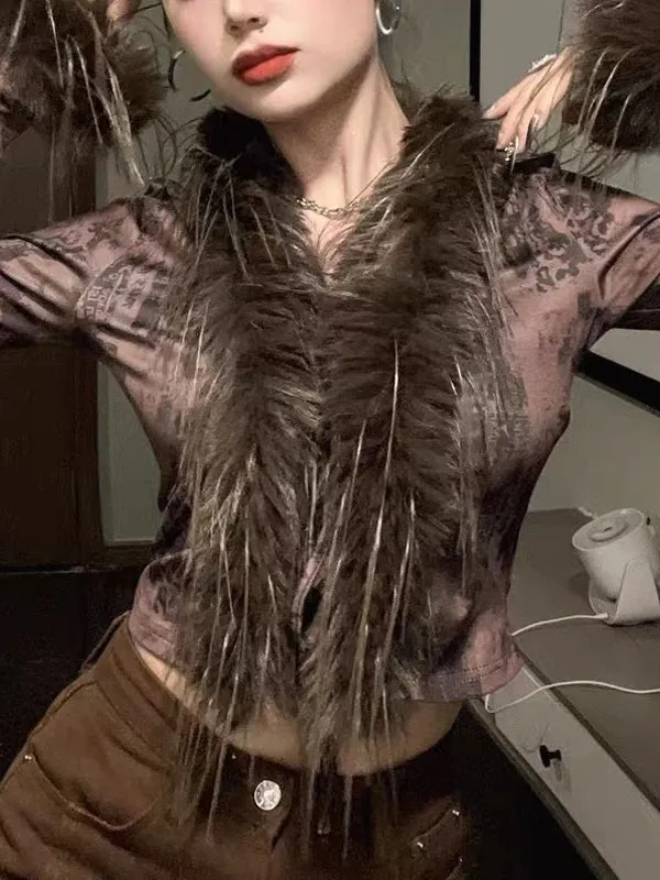 Faux Fur Collar Abstract Print Cardigan