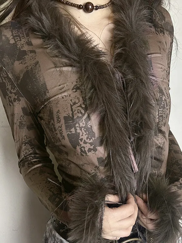 Faux Fur Collar Abstract Print Cardigan