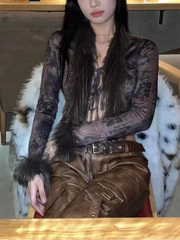 Faux Fur Collar Abstract Print Cardigan