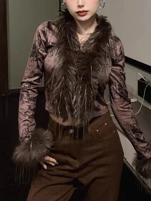 Faux Fur Collar Abstract Print Cardigan