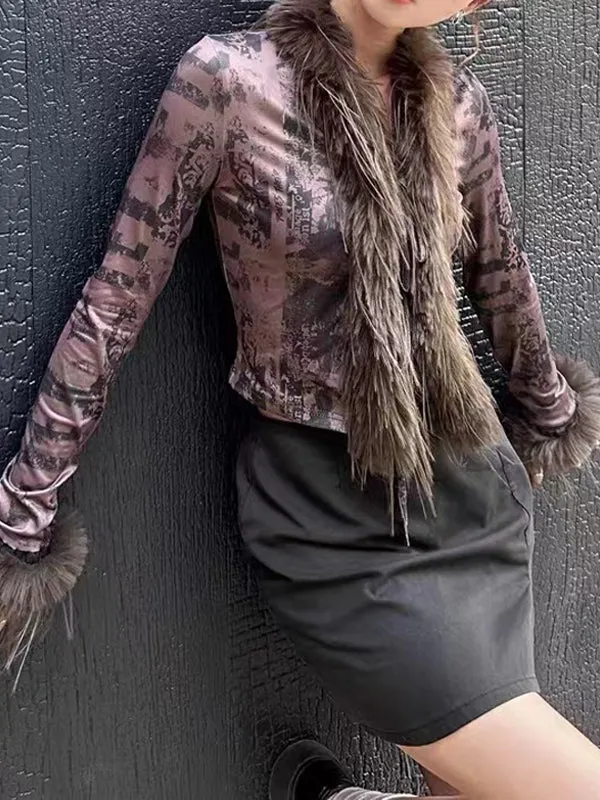 Faux Fur Collar Abstract Print Cardigan