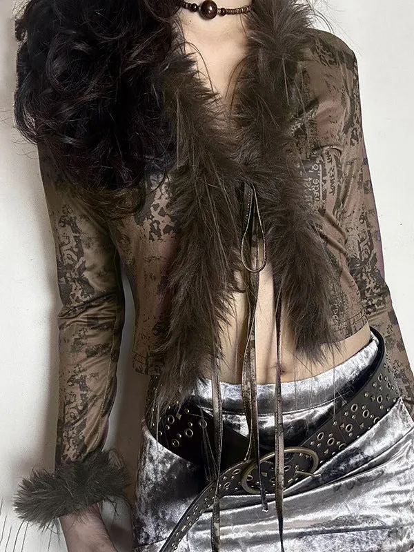 Faux Fur Collar Abstract Print Cardigan