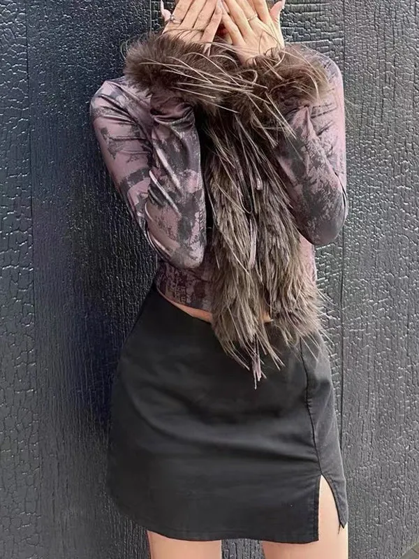 Faux Fur Collar Abstract Print Cardigan