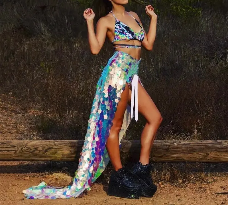 Festival Outfit Rhinestone Crystal Mermaid Mirror Skirt Maxi Skirt Rave Rainbow Birthday Party