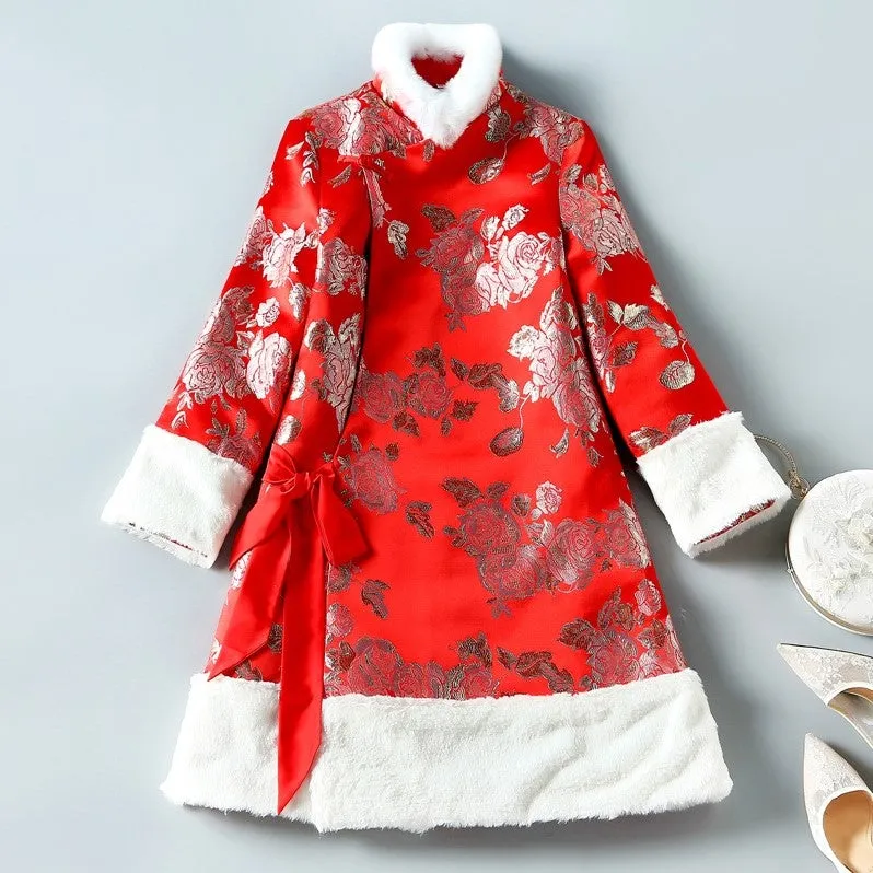 Floral Brocade Fur Edge Women's Chinese Style Wadded Coat with Bowknot Belt