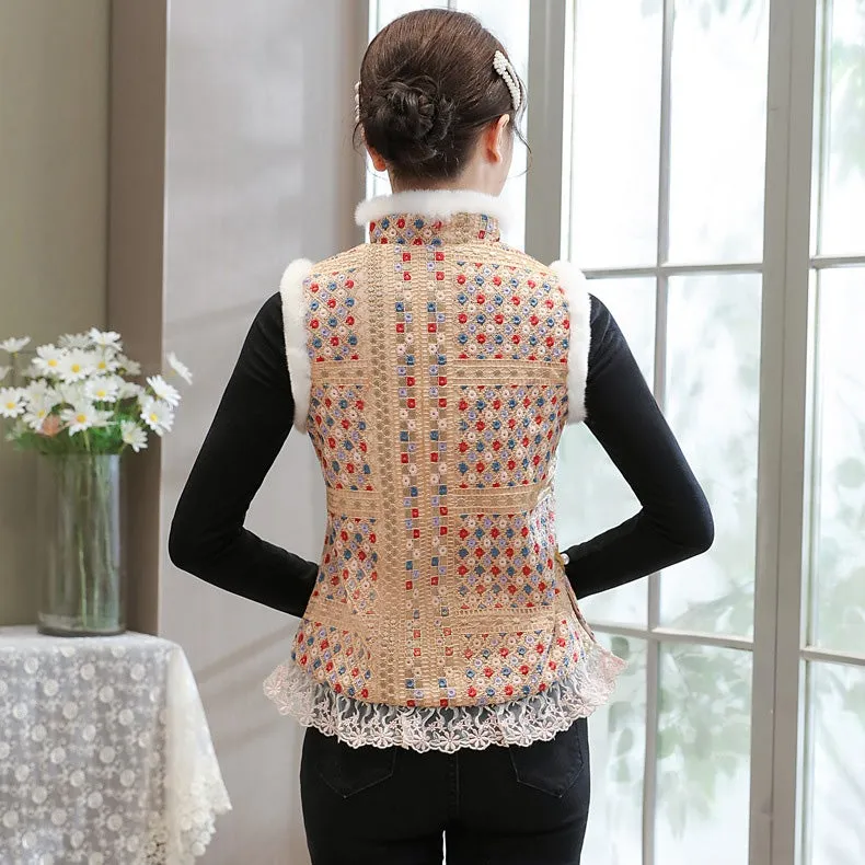 Floral Embroidery Organza Chinese Wadded Waistcoat Vest with Lace Edge