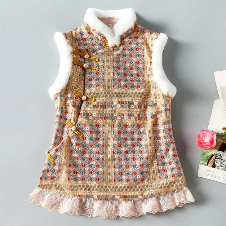 Floral Embroidery Organza Chinese Wadded Waistcoat Vest with Lace Edge